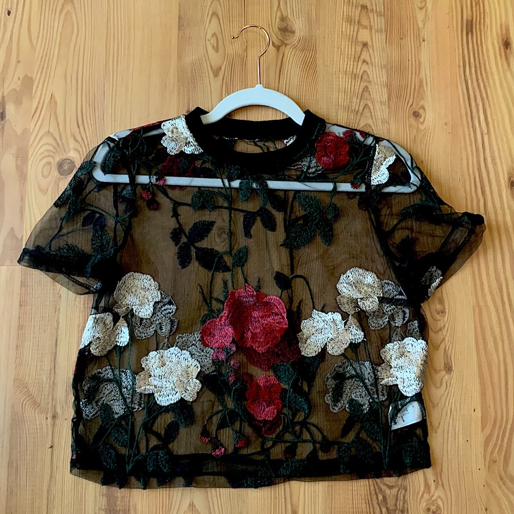 Sheer Short Sleeve Crop Top | Floral | SMALL